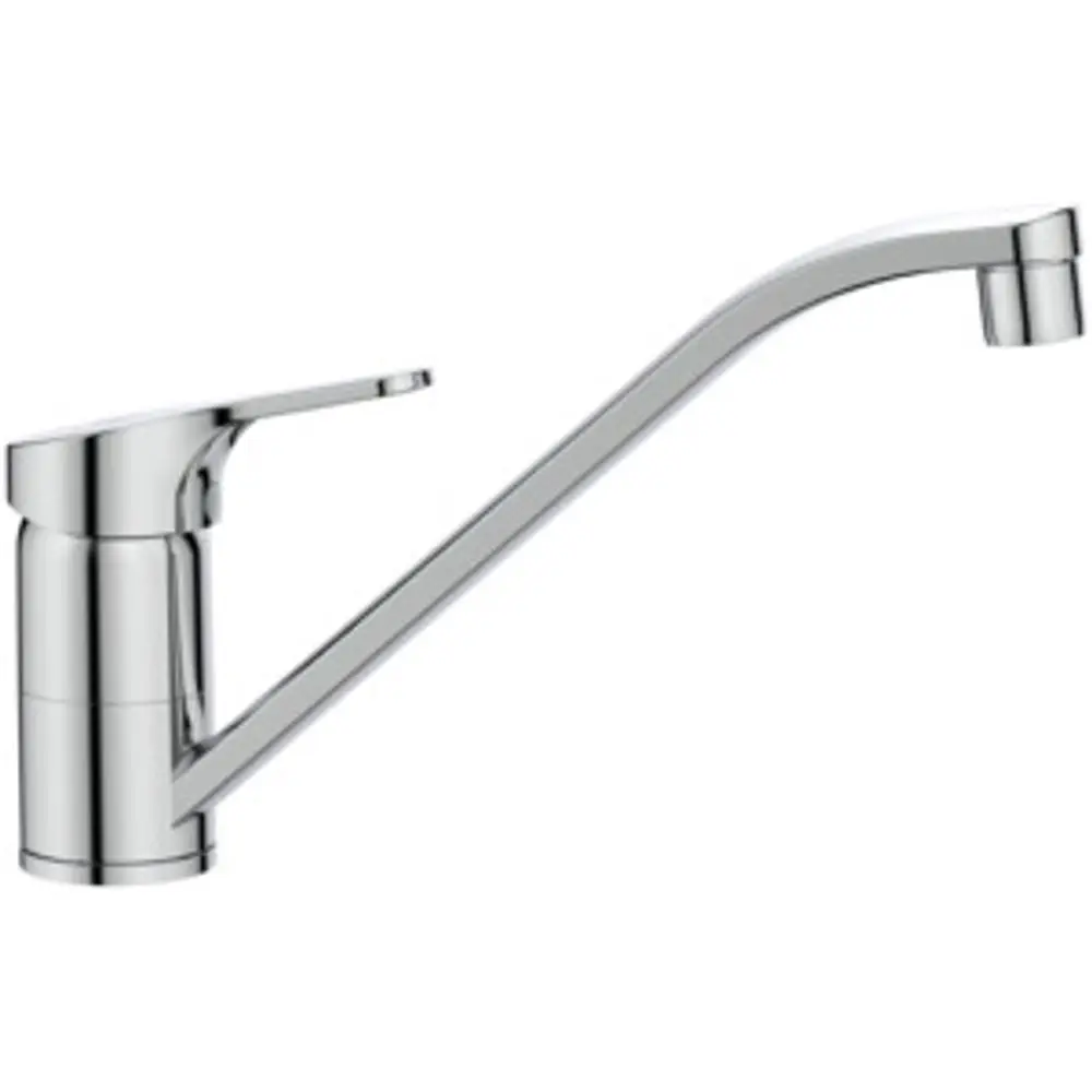 Stainless steel Küchenarmatur von Ideal Standard mit hohem, geschwungenem Auslauf und seitlichem Hebel zur Steuerung von Wasserfluss und Temperatur.